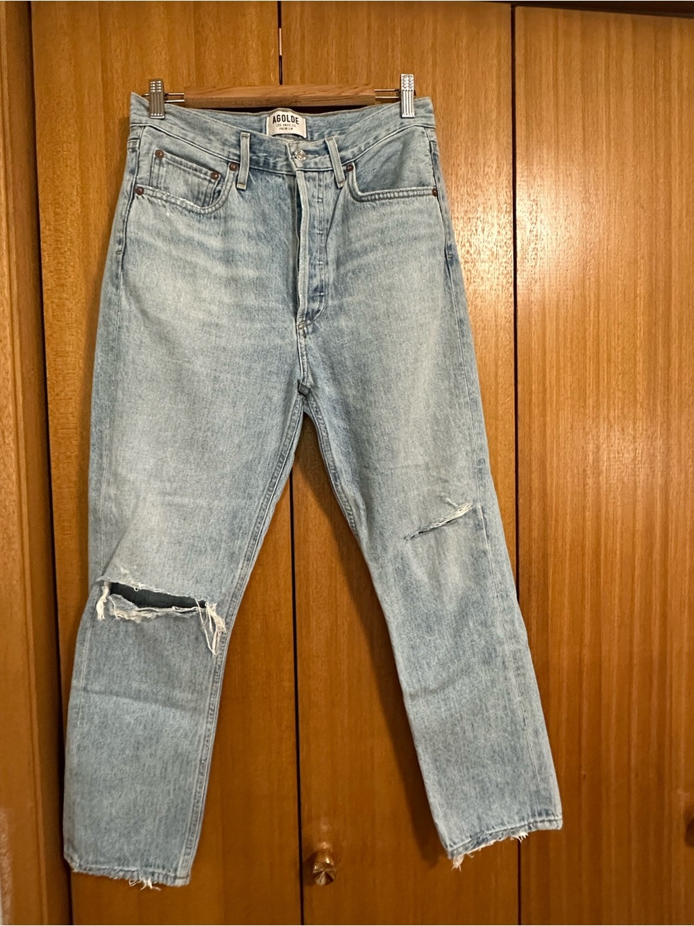 Agolde Light Wash Straight-Leg Jeans with Knee Rips